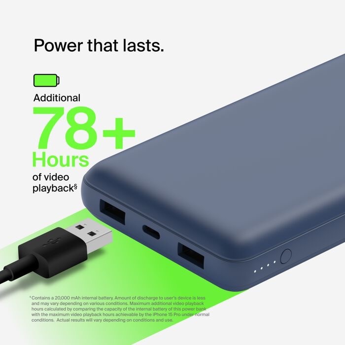 Belkin BoostCharge - Power bank - 20000 mAh Belkin 15 Watt 3 output connectors (USB, 24 pin USB-C) on cable: USB-C blue