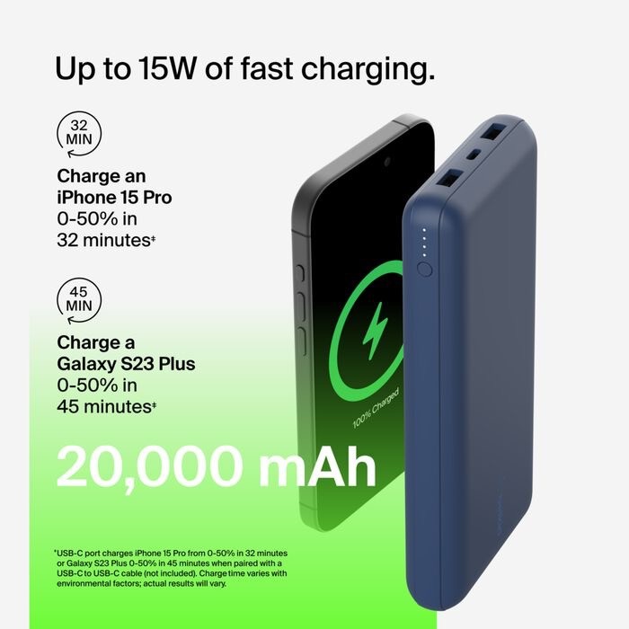 Belkin BoostCharge - Power bank - 20000 mAh Belkin 15 Watt 3 output connectors (USB, 24 pin USB-C) on cable: USB-C blue
