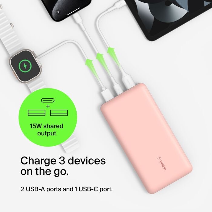Belkin BoostCharge - Power bank - 20000 mAh Belkin 15 Watt 3 A 3 output connectors (24 pin USB-C, 2 x USB) on cable: USB-C rose gold