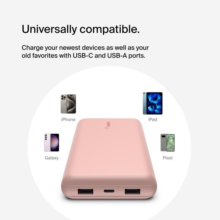 Belkin BoostCharge - Power bank - 20000 mAh Belkin 15 Watt 3 A 3 output connectors (24 pin USB-C, 2 x USB) on cable: USB-C rose gold