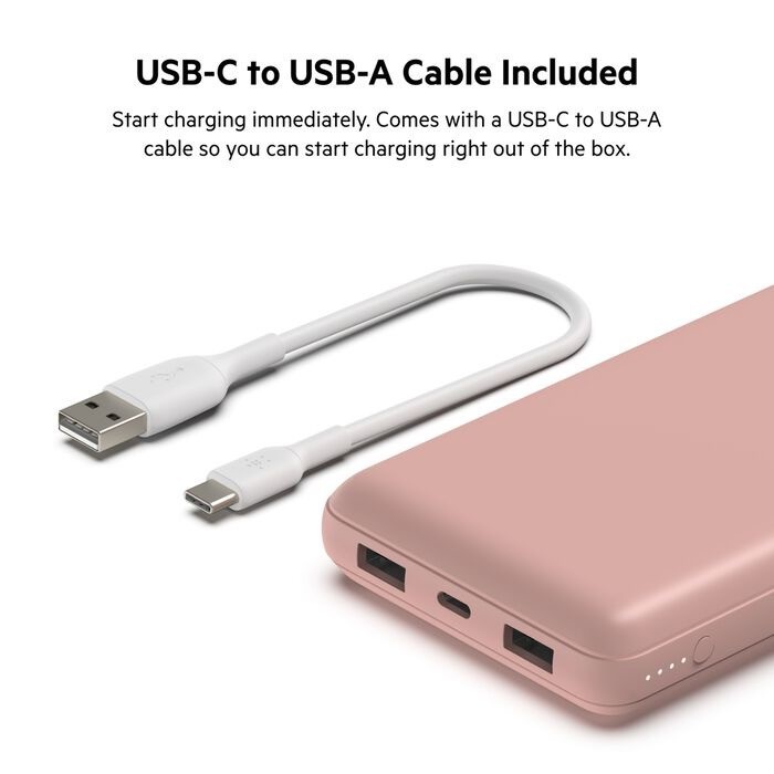 Belkin BoostCharge - Power bank - 20000 mAh Belkin 15 Watt 3 A 3 output connectors (24 pin USB-C, 2 x USB) on cable: USB-C rose gold