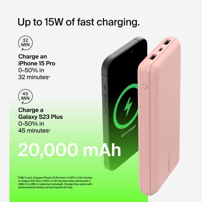 Belkin BoostCharge - Power bank - 20000 mAh Belkin 15 Watt 3 A 3 output connectors (24 pin USB-C, 2 x USB) on cable: USB-C rose gold
