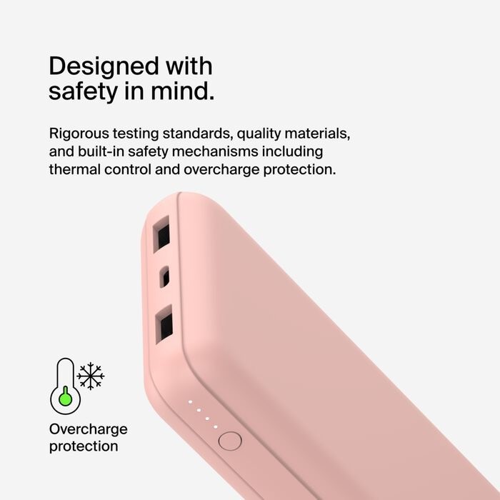 Belkin BoostCharge - Power bank - 20000 mAh Belkin 15 Watt 3 A 3 output connectors (24 pin USB-C, 2 x USB) on cable: USB-C rose gold