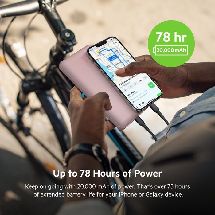 Belkin BoostCharge - Power bank - 20000 mAh Belkin 15 Watt 3 A 3 output connectors (24 pin USB-C, 2 x USB) on cable: USB-C rose gold
