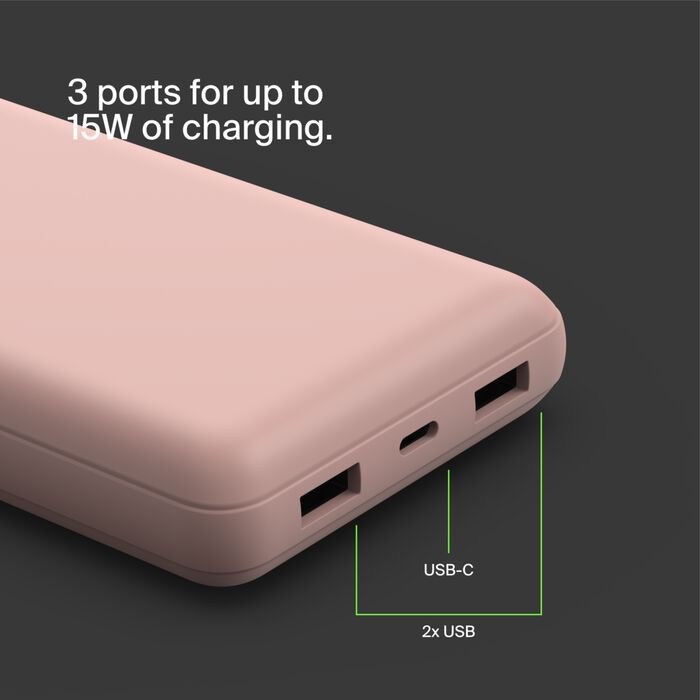Belkin BoostCharge - Power bank - 20000 mAh Belkin 15 Watt 3 A 3 output connectors (24 pin USB-C, 2 x USB) on cable: USB-C rose gold