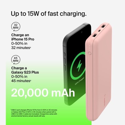Belkin BoostCharge - Power bank - 20000 mAh Belkin 15 Watt 3 A 3 output connectors (24 pin USB-C, 2 x USB) on cable: USB-C rose gold