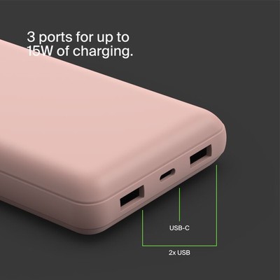 Belkin BoostCharge - Power bank - 20000 mAh Belkin 15 Watt 3 A 3 output connectors (24 pin USB-C, 2 x USB) on cable: USB-C rose gold