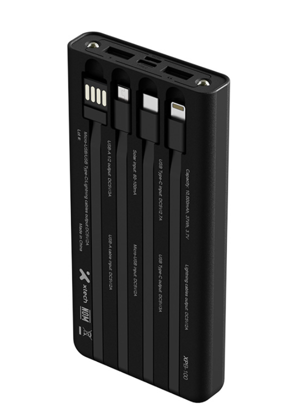 Xtech XPB-100 - Solar Power Bank - 24 pin USB-C / 4 pin USB Type A / 5 pin Micro-USB Type A Xtech 24 pin USB-C / 4 pin USB Type A / 5 pin Micro-USB Type A Lithium ion polymer For Universal built-in charg cables10,000mAh