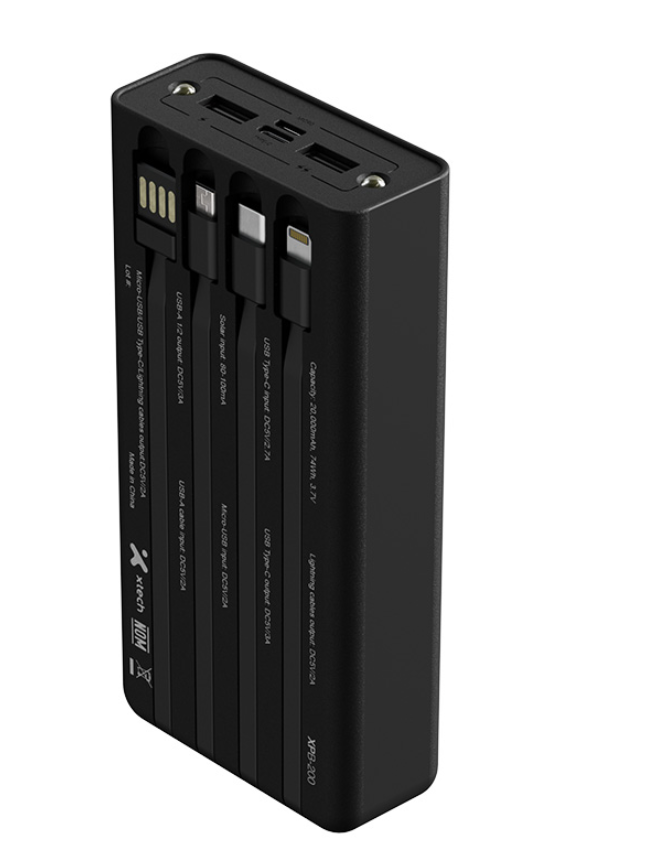 Xtech XPB-200 - Solar Power Bank - 24 pin USB-C / 4 pin USB Type A / 5 pin Micro-USB Type A Xtech 24 pin USB-C / 4 pin USB Type A / 5 pin Micro-USB Type A Lithium ion polymer For Universal built-in charg cables20,000mAh