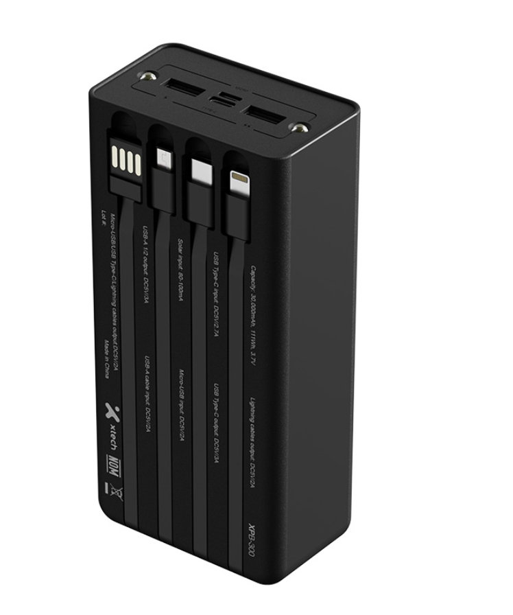 Xtech XPB-300 - Solar Power Bank - 24 pin USB-C / 4 pin USB Type A / 5 pin Micro-USB Type A Xtech 24 pin USB-C / 4 pin USB Type A / 5 pin Micro-USB Type A Lithium ion polymer For Universal built-in charg cables30,000mAh