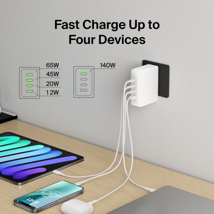 Belkin - Power adapter - GaN technology Belkin 140 Watt Fast Charge, Power Delivery 3.1 4 output connectors (3 x USB-C, USB) white