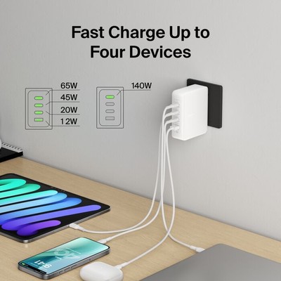 Belkin - Power adapter - GaN technology Belkin 140 Watt Fast Charge, Power Delivery 3.1 4 output connectors (3 x USB-C, USB) white