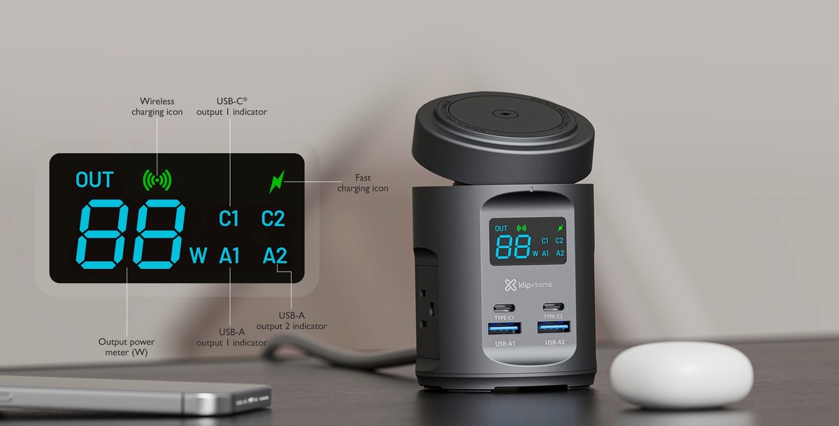 Klip Xtreme - Charging stand / battery charger - 65 Watt Klip Xtreme Power DC Nema Cellular phone / Laptop / Macbooks / Notebook / Tablet Wireless For Smartphones 7 in 1 Charger Station