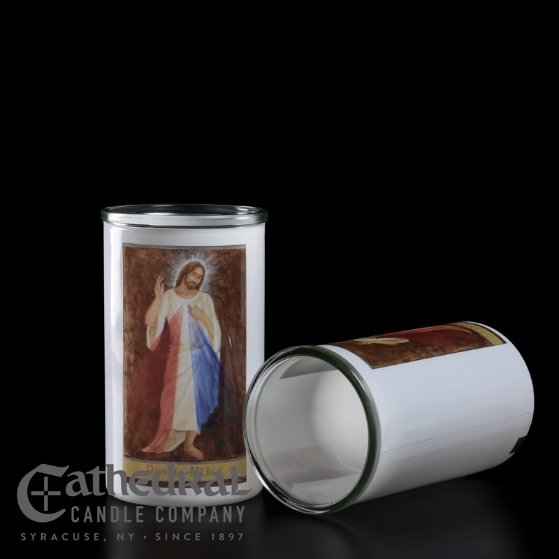 Candles - Devotional  - Sacred Image Re-usable Cup/Vase -  Divine Mercy - Glass - Small