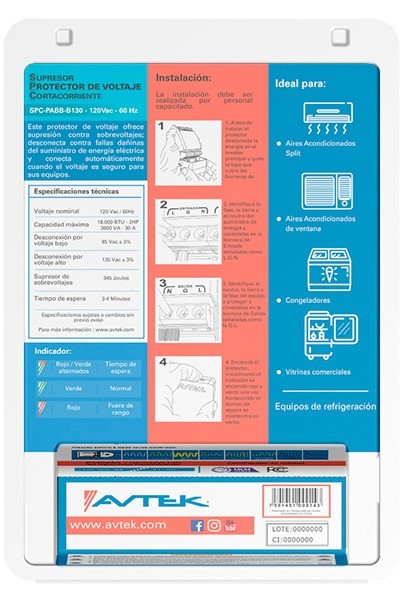 Protector de Voltaje para A/A y equipos de refrigeración hasta 12.000 BTU, 120 VAC, con borneras. SPC-PABB-B130
