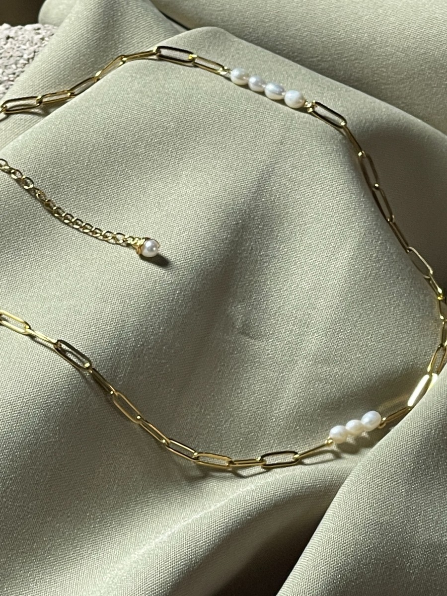 Gold Paperclip Pearl Necklace