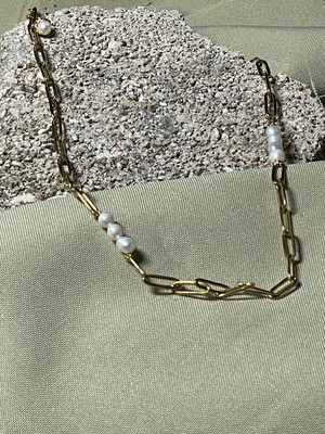 Gold Paperclip Pearl Necklace