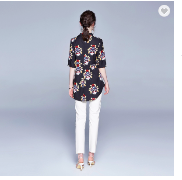 #1918 Vintage printing irregular stand collar short sleeve black top blouse