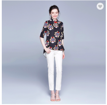 #1918 Vintage printing irregular stand collar short sleeve black top blouse
