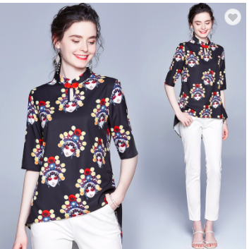 #1918 Vintage printing irregular stand collar short sleeve black top blouse