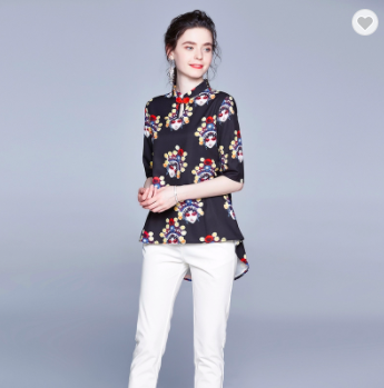 #1918 Vintage printing irregular stand collar short sleeve black top blouse