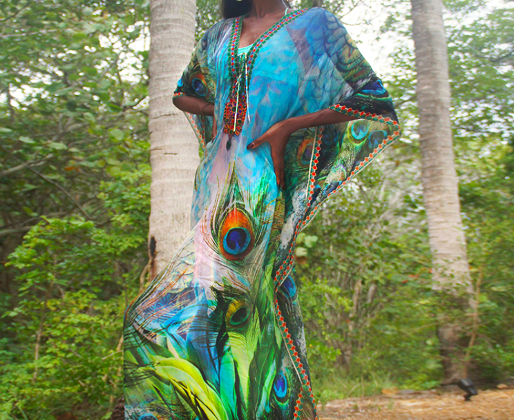 SOLD OUT !#SW939 Peacock Feather Chiffon Gown Beach Wear Dress Bikini Cover Up