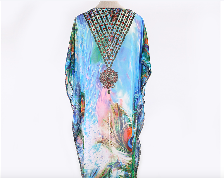 SOLD OUT !#SW939 Peacock Feather Chiffon Gown Beach Wear Dress Bikini Cover Up