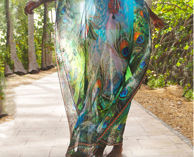 SOLD OUT !#SW939 Peacock Feather Chiffon Gown Beach Wear Dress Bikini Cover Up
