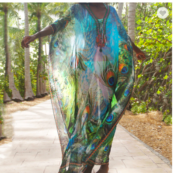SOLD OUT !#SW939 Peacock Feather Chiffon Gown Beach Wear Dress Bikini Cover Up