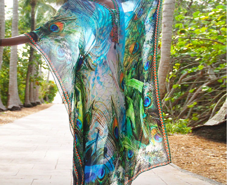 SOLD OUT !#SW939 Peacock Feather Chiffon Gown Beach Wear Dress Bikini Cover Up