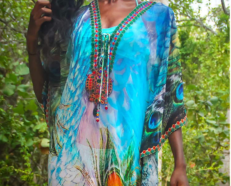 SOLD OUT !#SW939 Peacock Feather Chiffon Gown Beach Wear Dress Bikini Cover Up