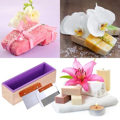 Silicone Soap Molds Kit-42 oz Wooden Silicone Soap Rectangular Mold with Stainless Steel Wavy & Straight Scraper for Soap Cake Making (Purple)