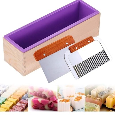 Silicone Soap Molds Kit-42 oz Wooden Silicone Soap Rectangular Mold with Stainless Steel Wavy & Straight Scraper for Soap Cake Making (Purple)
