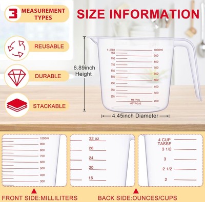 Clear Measuring Mug with Spout and Handle Grip 32 Oz/ 1000 ml, 4 Cup Capacity