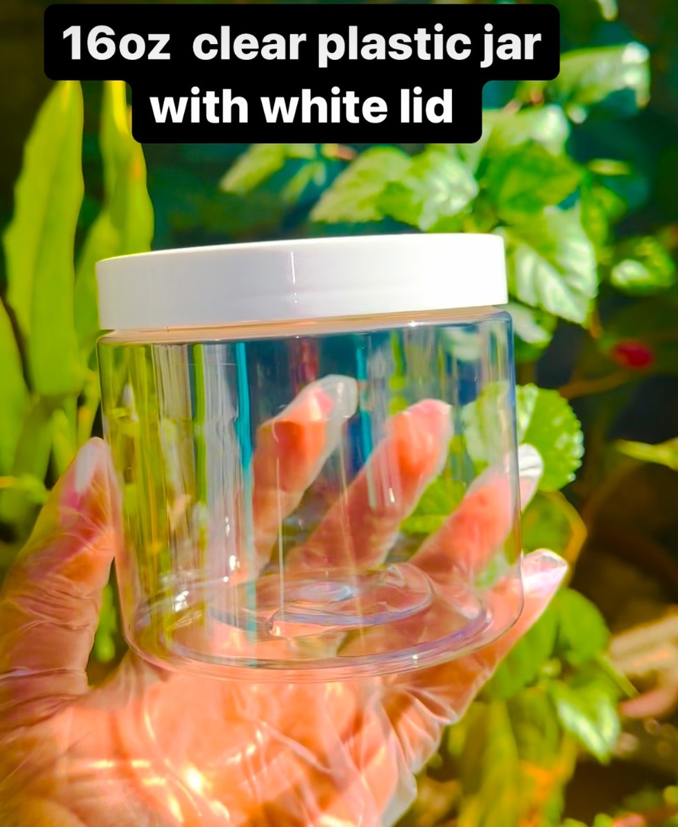 16oz clear plastic jar with white lid