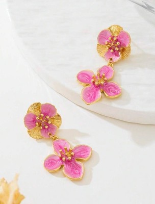 Pink Double Floral Dangling Earrings