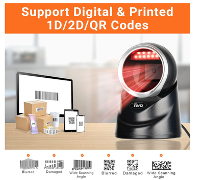 Tera Pro Omnidirectional Barcode Scanner 2D QR Desktop Handsfree, Adjustable Scan Head, Wired Automatic Platform Scanner with USB Cable for Market Retail Store Mobile Screen Payment