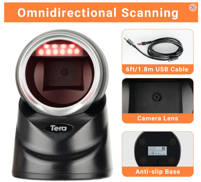 Tera Pro Omnidirectional Barcode Scanner 2D QR Desktop Handsfree, Adjustable Scan Head, Wired Automatic Platform Scanner with USB Cable for Market Retail Store Mobile Screen Payment