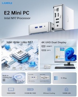 KAMRUI E2 Mini PC — Intel N150, 8GB RAM, 256GB SSD, 4K Triple Display, Win 11 Pro