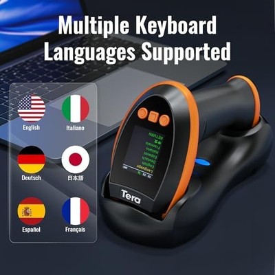 Tera HW0009 Pro Wireless Barcode Scanner — 1D/2D/QR with Screen & Keypad, Bluetooth/2.4G/USB