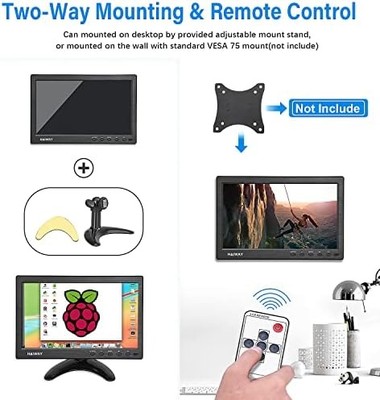 Haiway 10.1" Security Monitor — 1366x768, HDMI/VGA/BNC/USB, Built-in Speakers, Remote