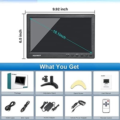 Haiway 10.1" Security Monitor — 1366x768, HDMI/VGA/BNC/USB, Built-in Speakers, Remote