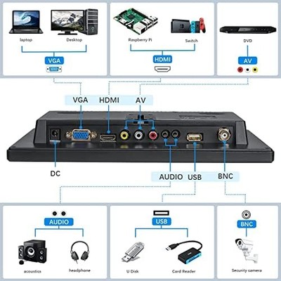 Haiway 10.1" Security Monitor — 1366x768, HDMI/VGA/BNC/USB, Built-in Speakers, Remote