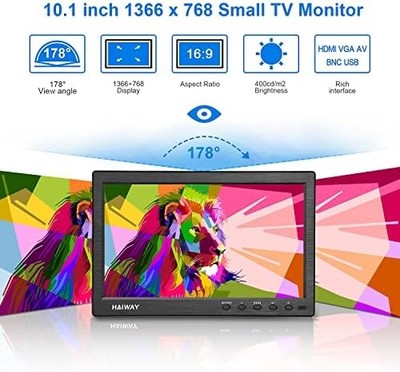 Haiway 10.1" Security Monitor — 1366x768, HDMI/VGA/BNC/USB, Built-in Speakers, Remote