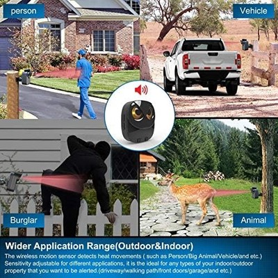 Wireless Driveway Alarm — 1/2 Mile Range, Outdoor Motion Sensor, 1 Receiver + 4 Sensors