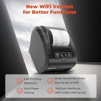 MUNBYN WiFi Thermal Receipt Printer — 80mm, USB/LAN/RS232, Cash Drawer Support