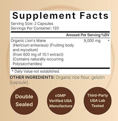 Lions Mane Mushroom Supplement Capsules 9,000mg (30s)